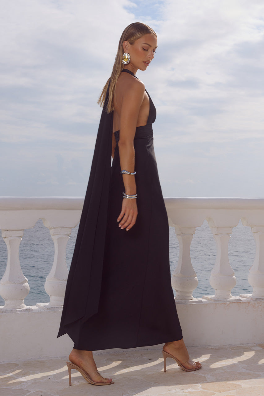 SYLVIE PLUNGE V-NECK MAXI DRESS - NOIR