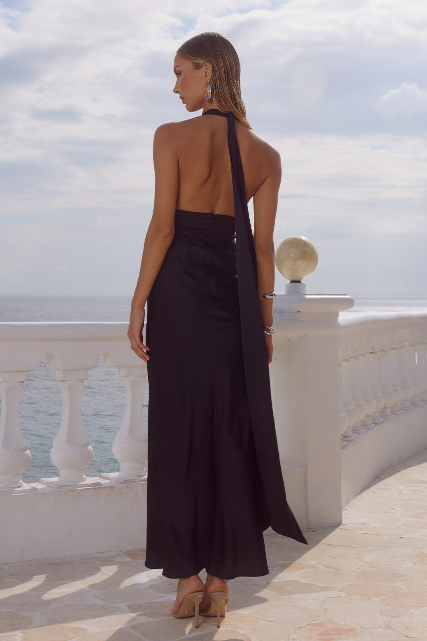 SYLVIE PLUNGE V-NECK MAXI DRESS - NOIR