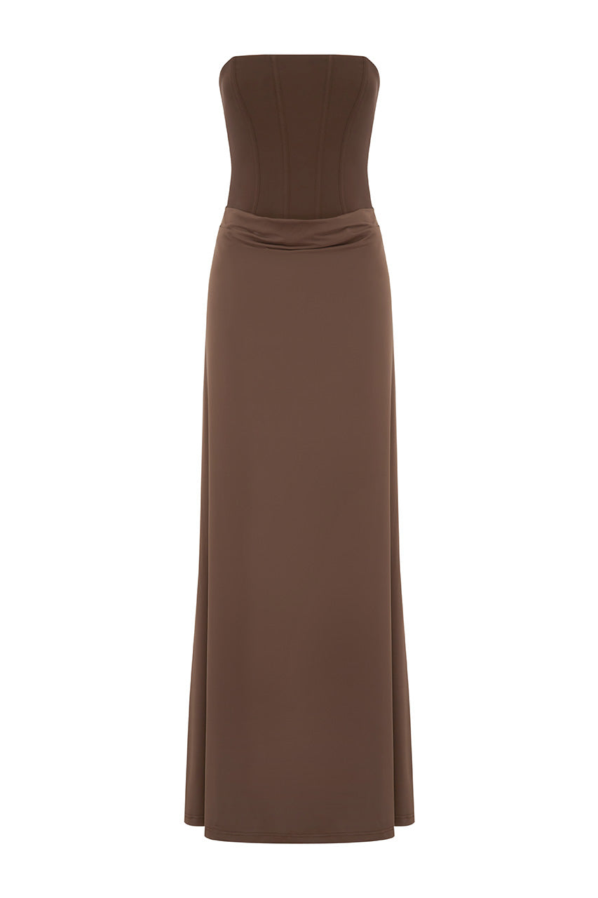 TALEAH STRAPLESS CORSET MAXI DRESS - ESPRESSO