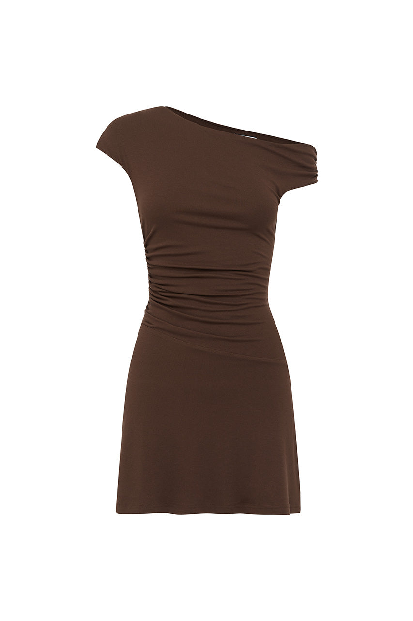 TALLI ASYMMETRICAL NECK MINI DRESS - ESPRESSO