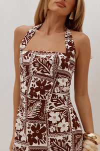 TALLI HALTER SQUARE NECK MINI DRESS - AMIRA CHOCOLATE