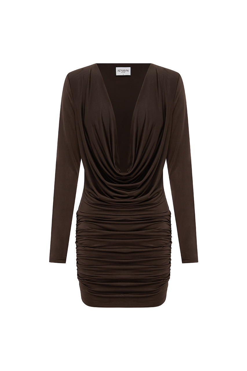 TATE SLEEVED COWL MINI DRESS - BITTER CHOCOLATE