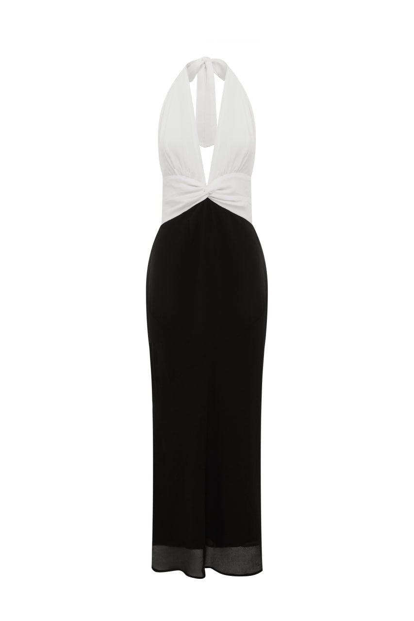 TENAYA PLUNGE V-NECK MAXI DRESS - BLACK/WHITE