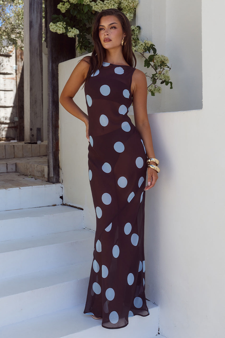 TERA HIGH NECK MAXI DRESS - CHOC/SKY BLUE POLKA