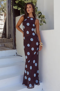 TERA HIGH NECK MAXI DRESS - CHOC/SKY BLUE POLKA