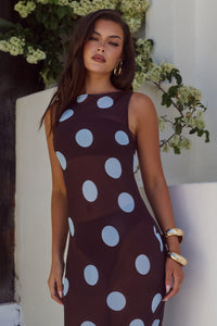 TERA HIGH NECK MAXI DRESS - CHOC/SKY BLUE POLKA