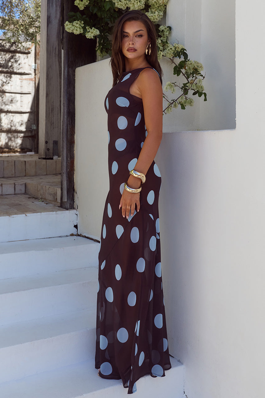 TERA HIGH NECK MAXI DRESS - CHOC/SKY BLUE POLKA