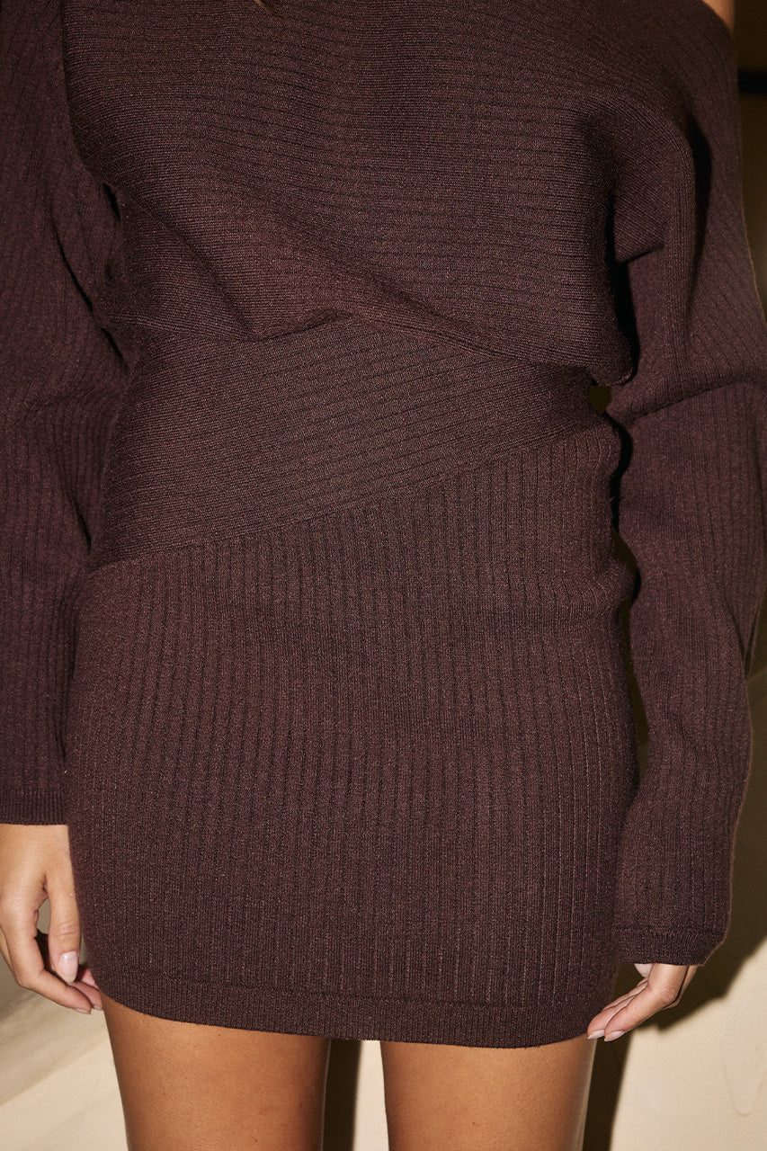 THERESA ONE SHOULDER MINI DRESS - CHOCOLATE