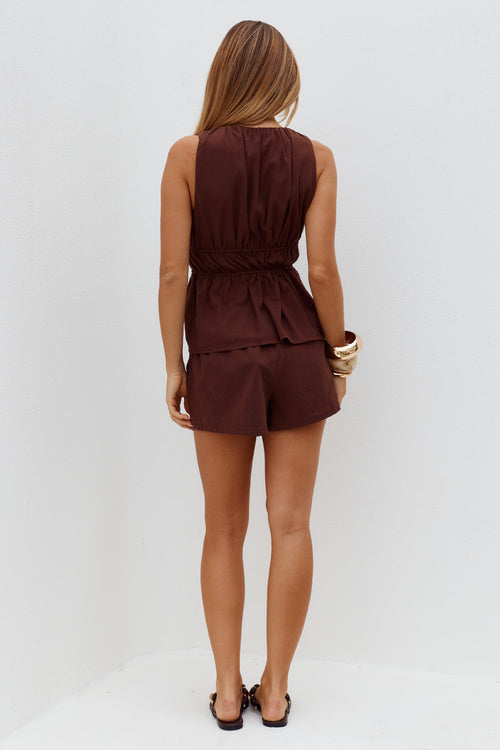 TILKA ELASTICED TIE WAIST SHORTS - CHOCOLATE