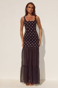 TILLIE SHEER BOTTOM MAXI DRESS - BLACK/WHITE POLKA