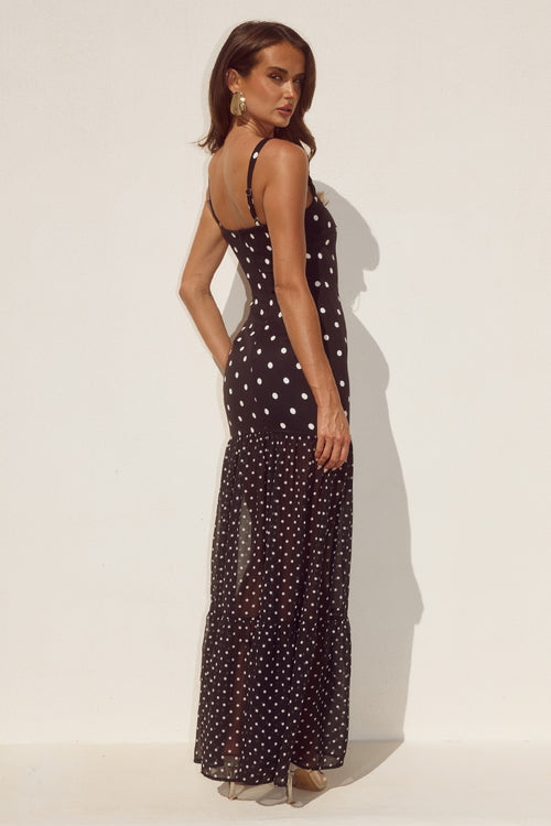 TILLIE SHEER BOTTOM MAXI DRESS - BLACK/WHITE POLKA