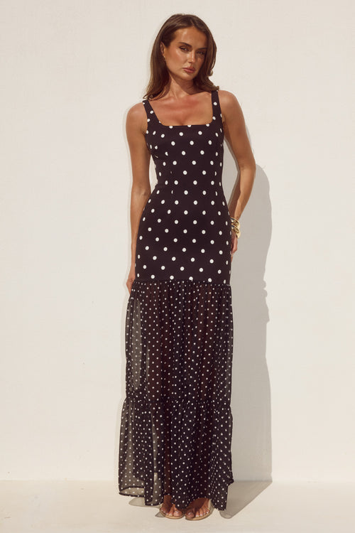 TILLIE SHEER BOTTOM MAXI DRESS - BLACK/WHITE POLKA