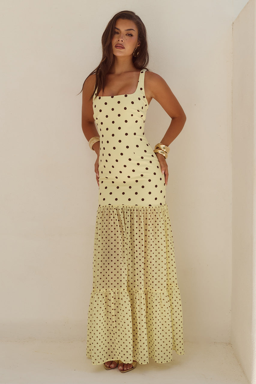 TILLIE SHEER BOTTOM MAXI DRESS - LEMON/CHOC POLKA