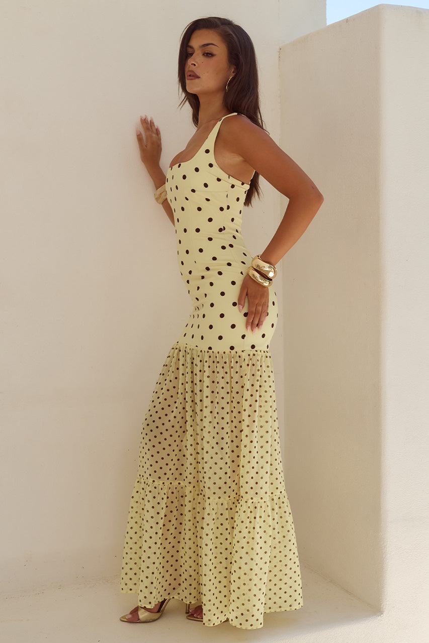 TILLIE SHEER BOTTOM MAXI DRESS - LEMON/CHOC POLKA