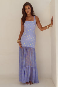TILLIE SHEER BOTTOM MAXI DRESS - PERIWINKLE/LEMON POLKA