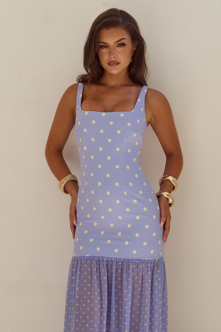 TILLIE SHEER BOTTOM MAXI DRESS - PERIWINKLE/LEMON POLKA