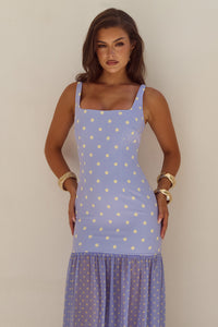 TILLIE SHEER BOTTOM MAXI DRESS - PERIWINKLE/LEMON POLKA