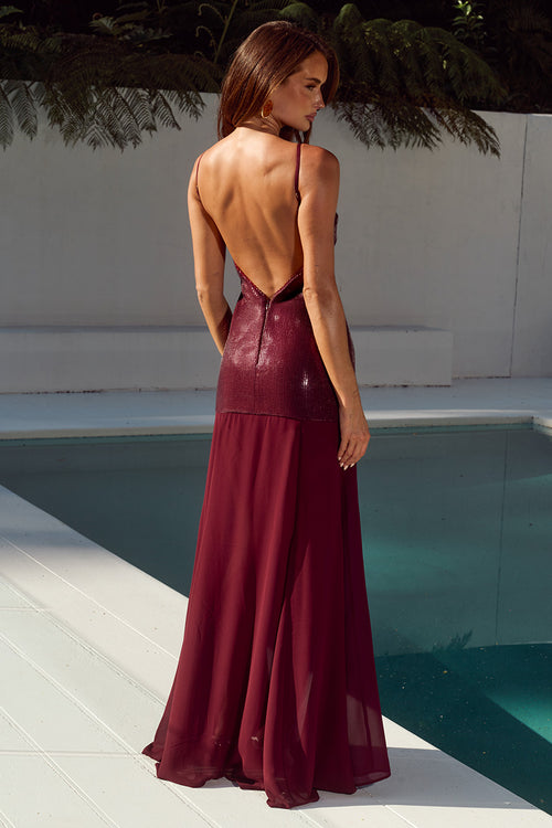 TULIA LOW BACK MAXI DRESS - WINE