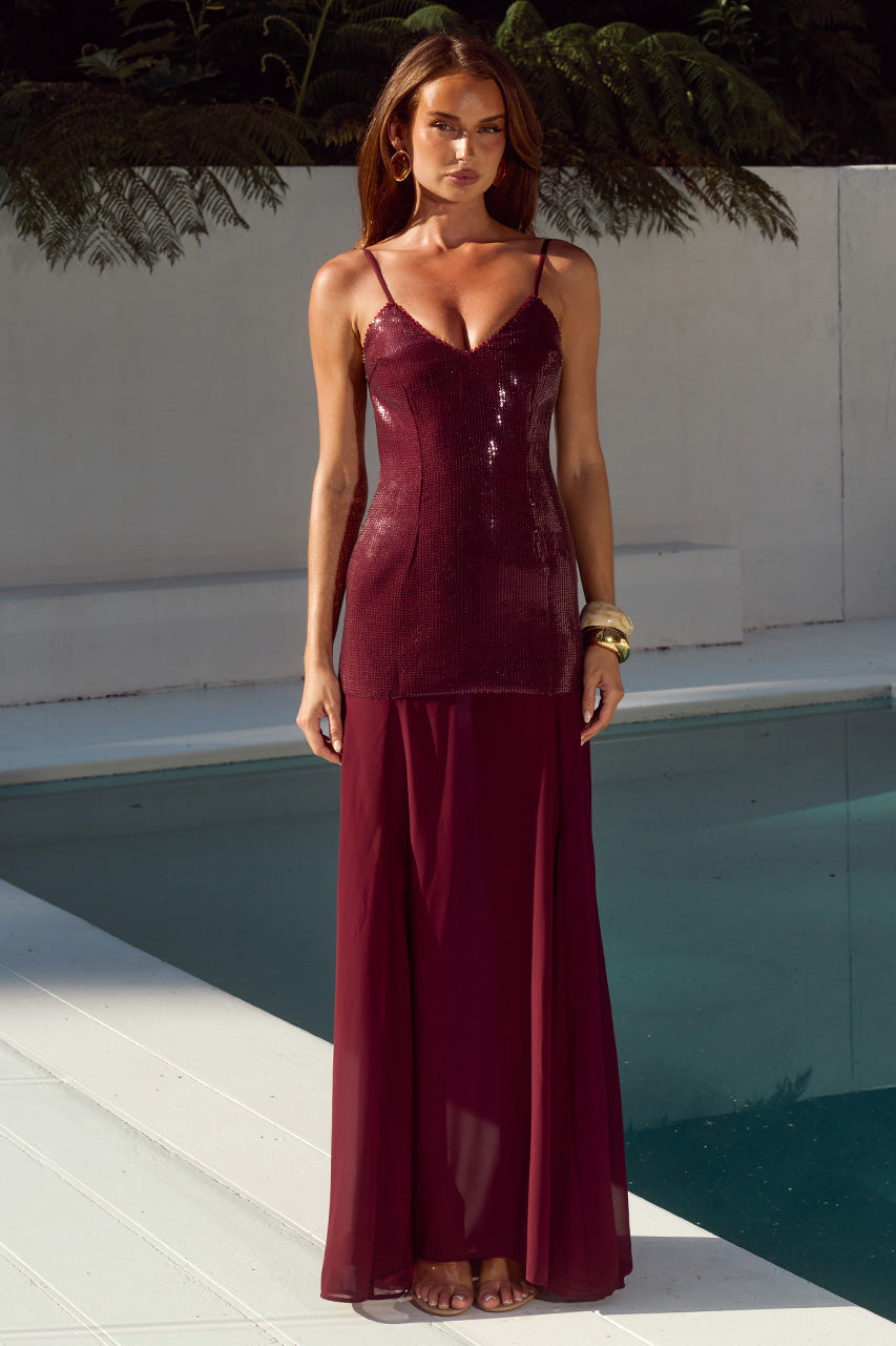 TULIA LOW BACK MAXI DRESS - WINE