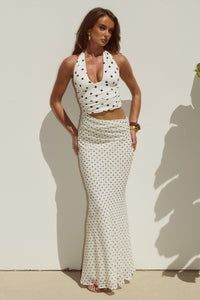 VALERIA HALTER CUTOUT MAXI DRESS - CREAM/BLACK POLKA