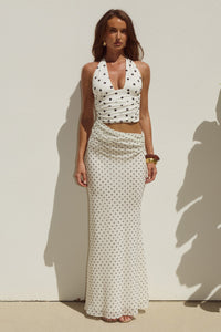 VALERIA HALTER CUTOUT MAXI DRESS - CREAM/BLACK POLKA
