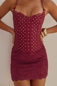 VALERIE LACE TRIM BUSTIER - WINE/WHITE POLKA