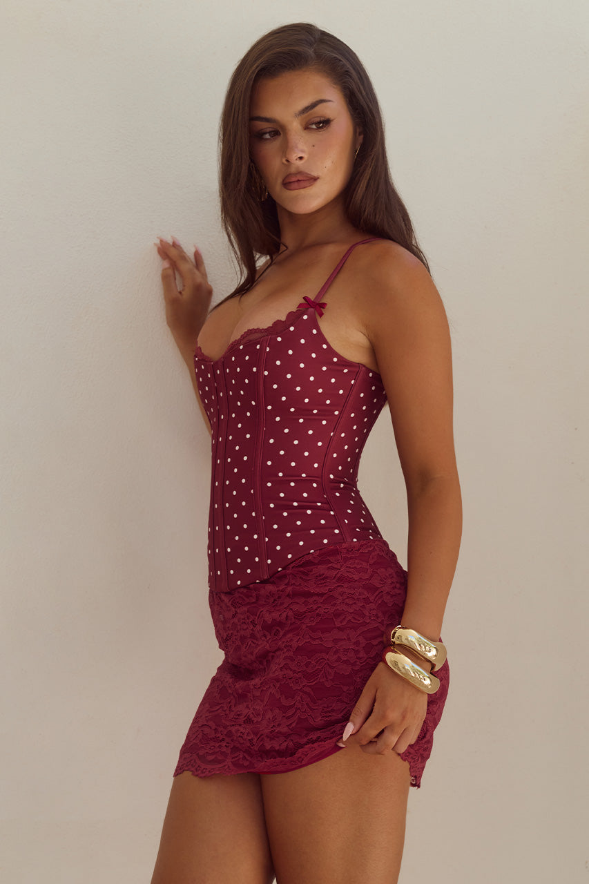 VALERIE LACE TRIM BUSTIER - WINE/WHITE POLKA