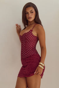VALERIE LACE TRIM BUSTIER - WINE/WHITE POLKA