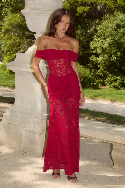 VANEYA OFF SHOULDER LACE MAXI DRESS - BERRY