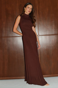 VAYDA HIGH NECK MAXI DRESS - BITTER CHOCOLATE