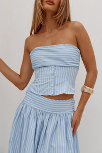 VELORA RUCHED BUST STRAPLESS  TOP - BLUE STRIPE