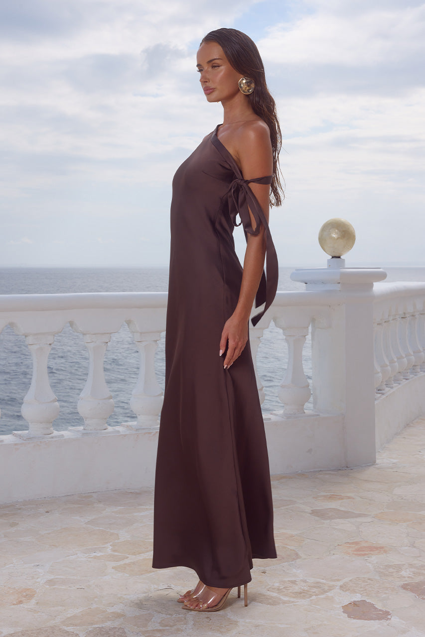 VIOLA ONE SHOULDER MAXI DRESS - BITTER CHOCOLATE