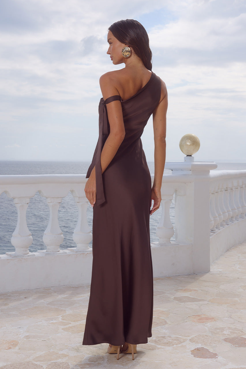 VIOLA ONE SHOULDER MAXI DRESS - BITTER CHOCOLATE
