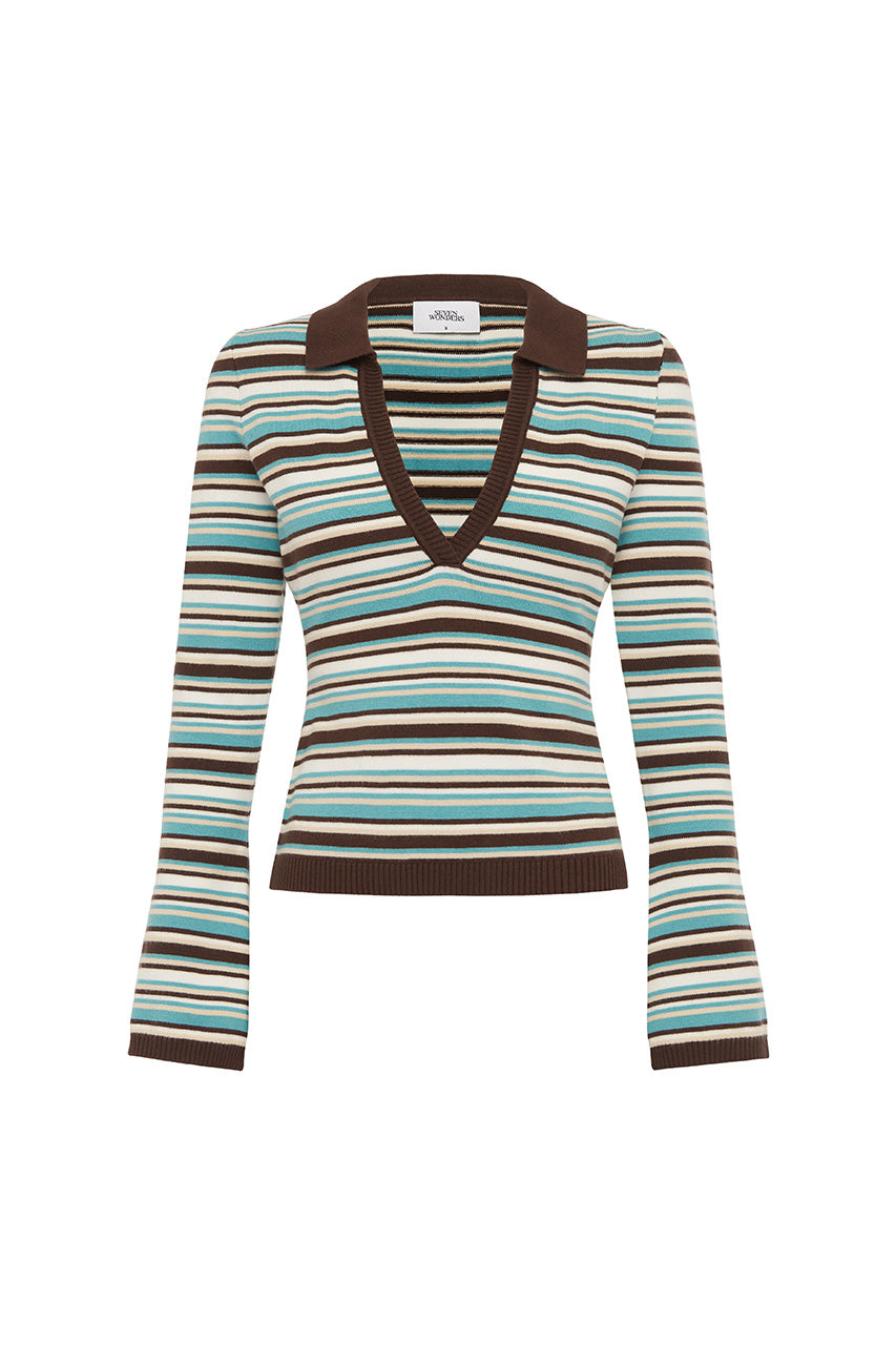 XYLA COLLARED LONG SLEEVE KNIT TOP - XYLA CHOCOLATE STRIPE