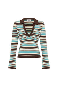 XYLA COLLARED LONG SLEEVE KNIT TOP - XYLA CHOCOLATE STRIPE