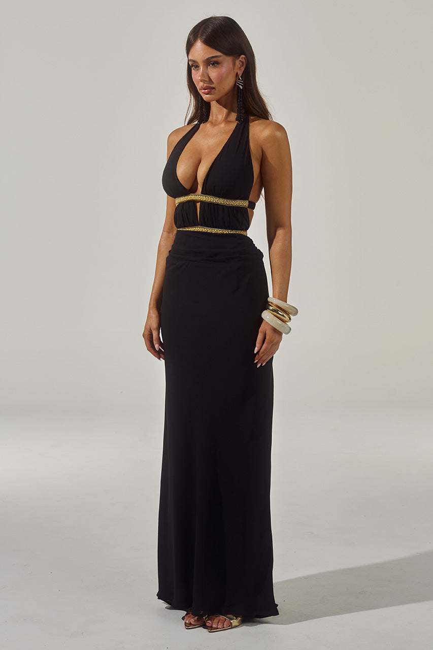 XYLIA HALTER LOW PLUNGE MAXI DRESS - BLACK