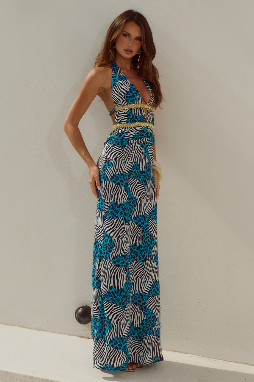 XYLIA HALTER LOW PLUNGE MAXI DRESS - DANTE TEAL