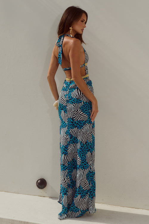 XYLIA HALTER LOW PLUNGE MAXI DRESS - DANTE TEAL
