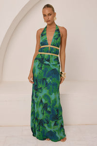 XYLIA HALTER LOW PLUNGE MAXI DRESS - CALISTA GREEN