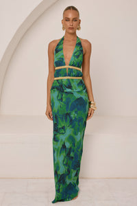 XYLIA HALTER LOW PLUNGE MAXI DRESS - CALISTA GREEN