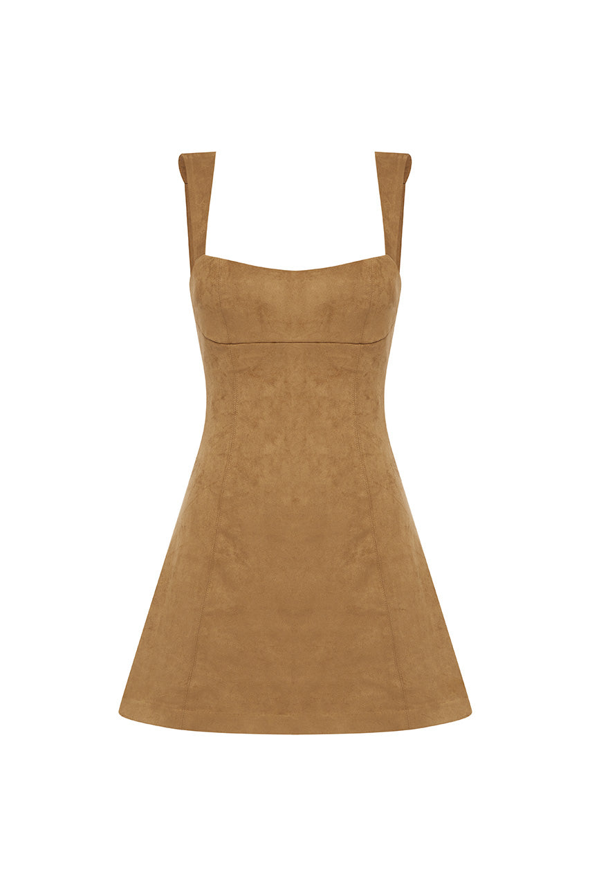 ZAELA SQUARE NECK FITTED MINI DRESS - TAN