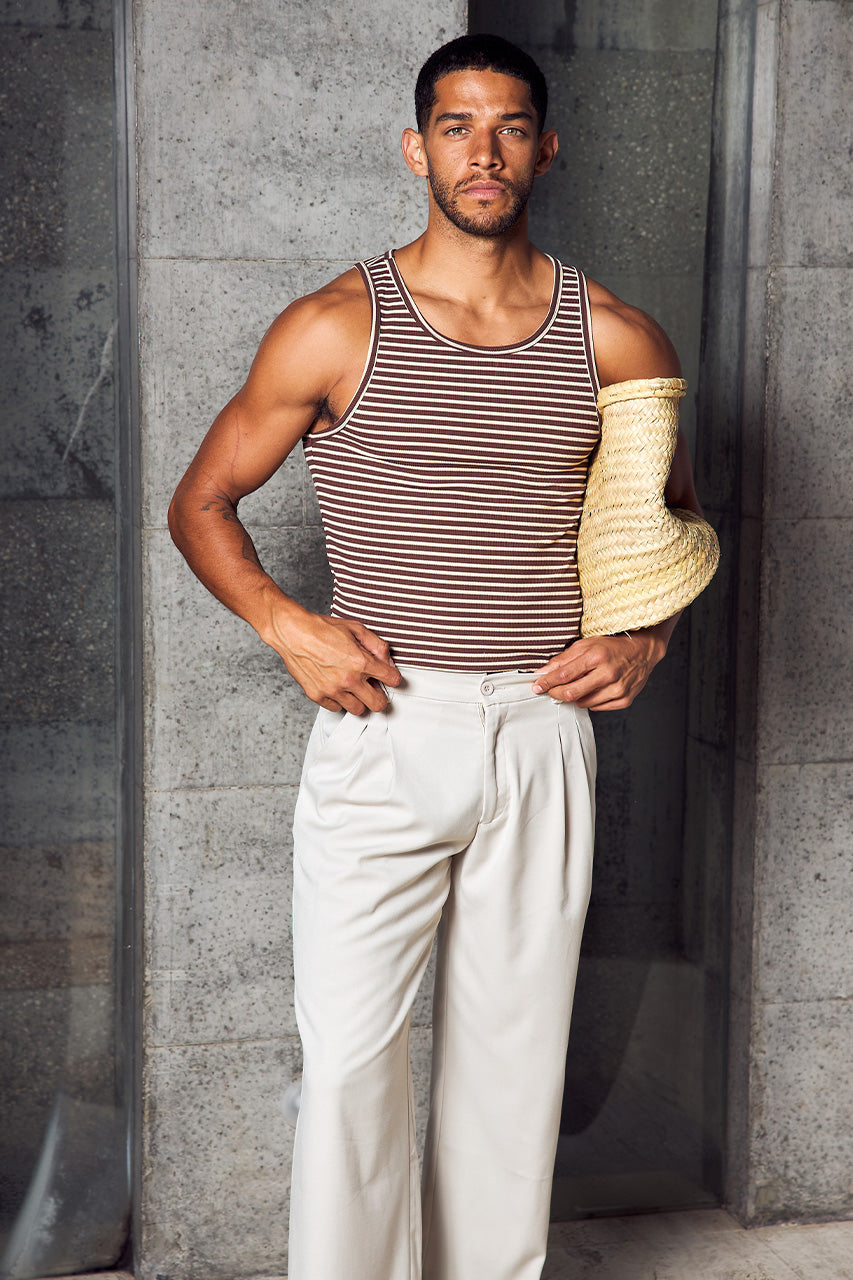 ZAIN RIBBED SINGLET - CHOC STRIPE