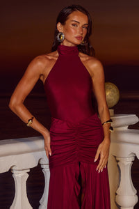 ZELMA HIGH NECK MAXI DRESS - WINE