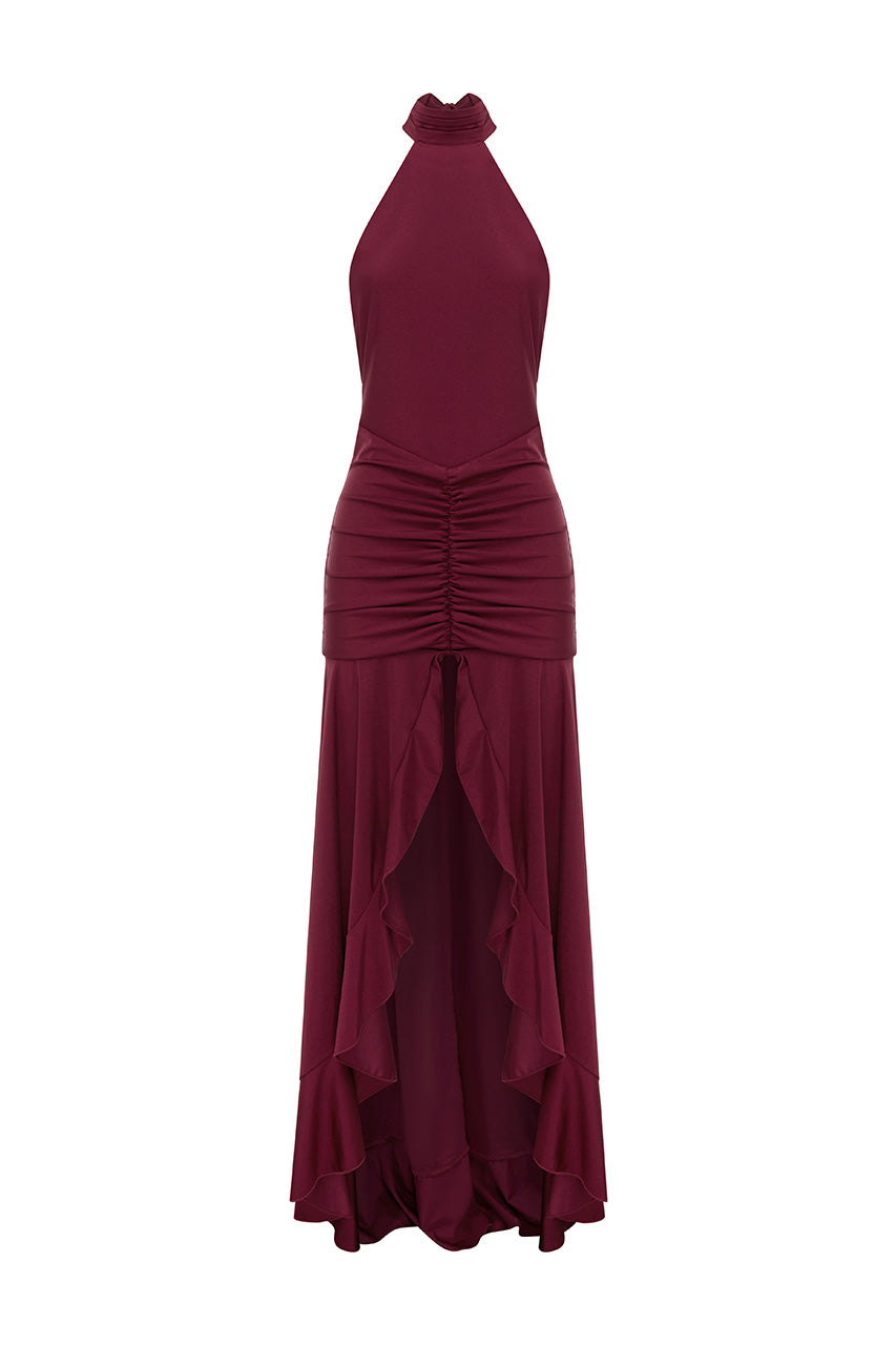 ZELMA HIGH NECK MAXI DRESS - WINE