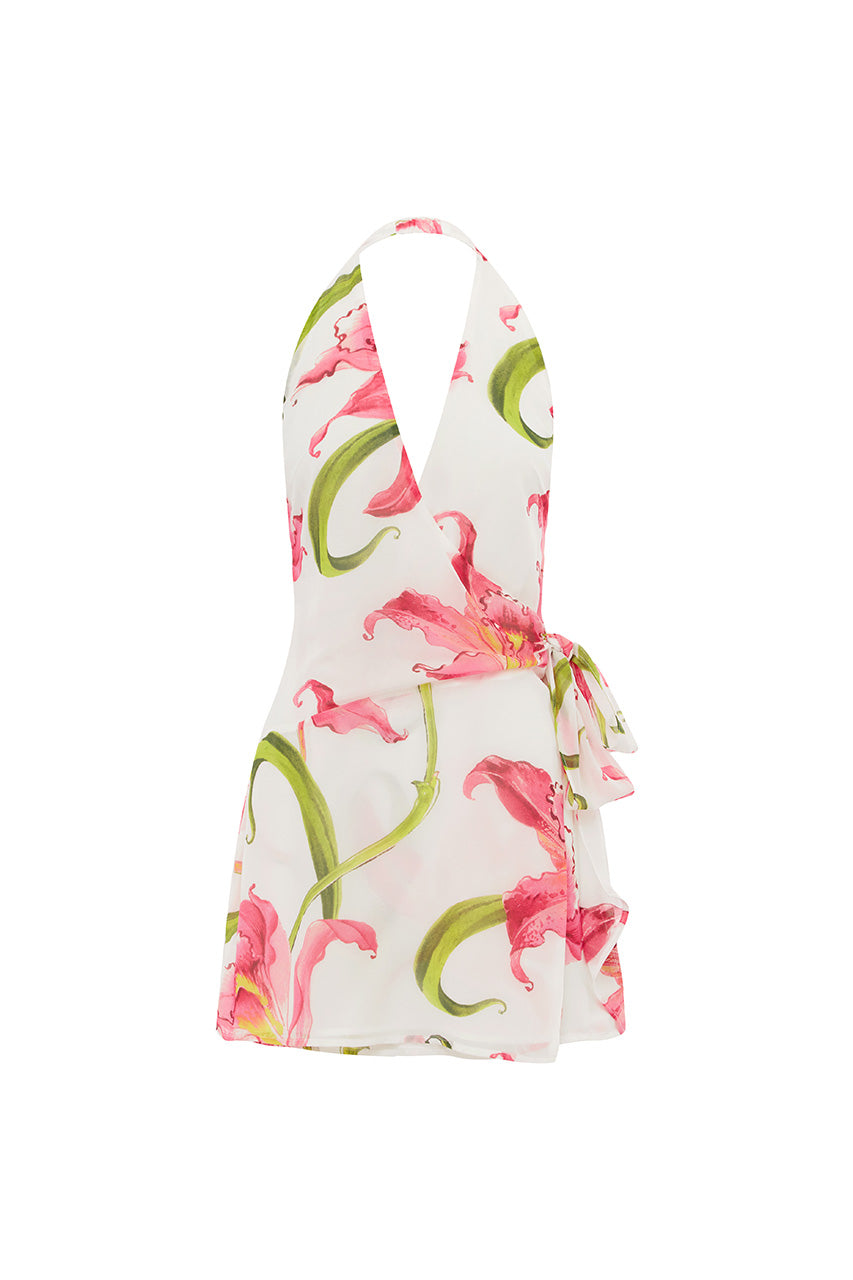 ZIA HALTER FAUX WRAP MINI DRESS - CELINA PINK